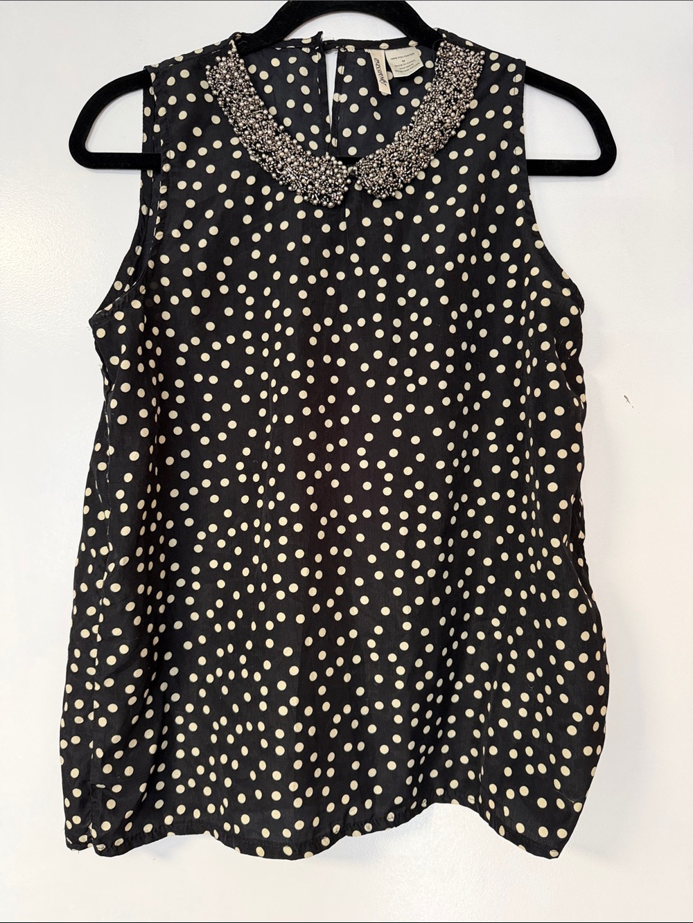Passport Black Polka Dot Sleeveless Top with Beaded Collar